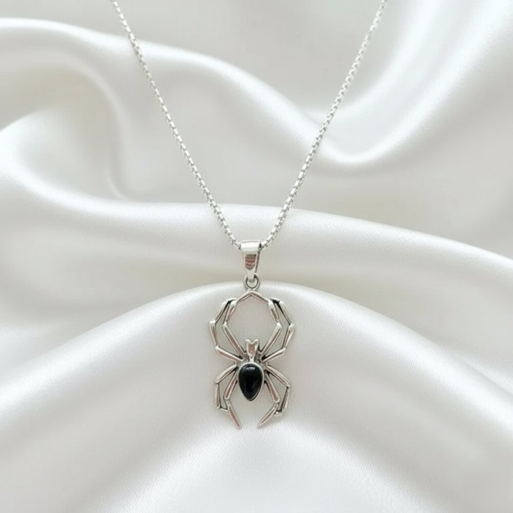 Silver Spider Pendant with Simulated Black Zircon Stone Fashion Necklace NWOT - Picture 2 of 5